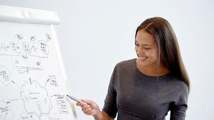 Mentor der skriver på tavle og peger